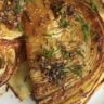 blistered cabbage steak recipe with charred edges and lemon-tahini drizzle