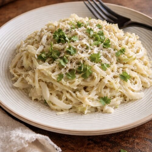 cabbage alfredo recipe creamy low-carb pasta alternative with parmesan sauce in a skillet