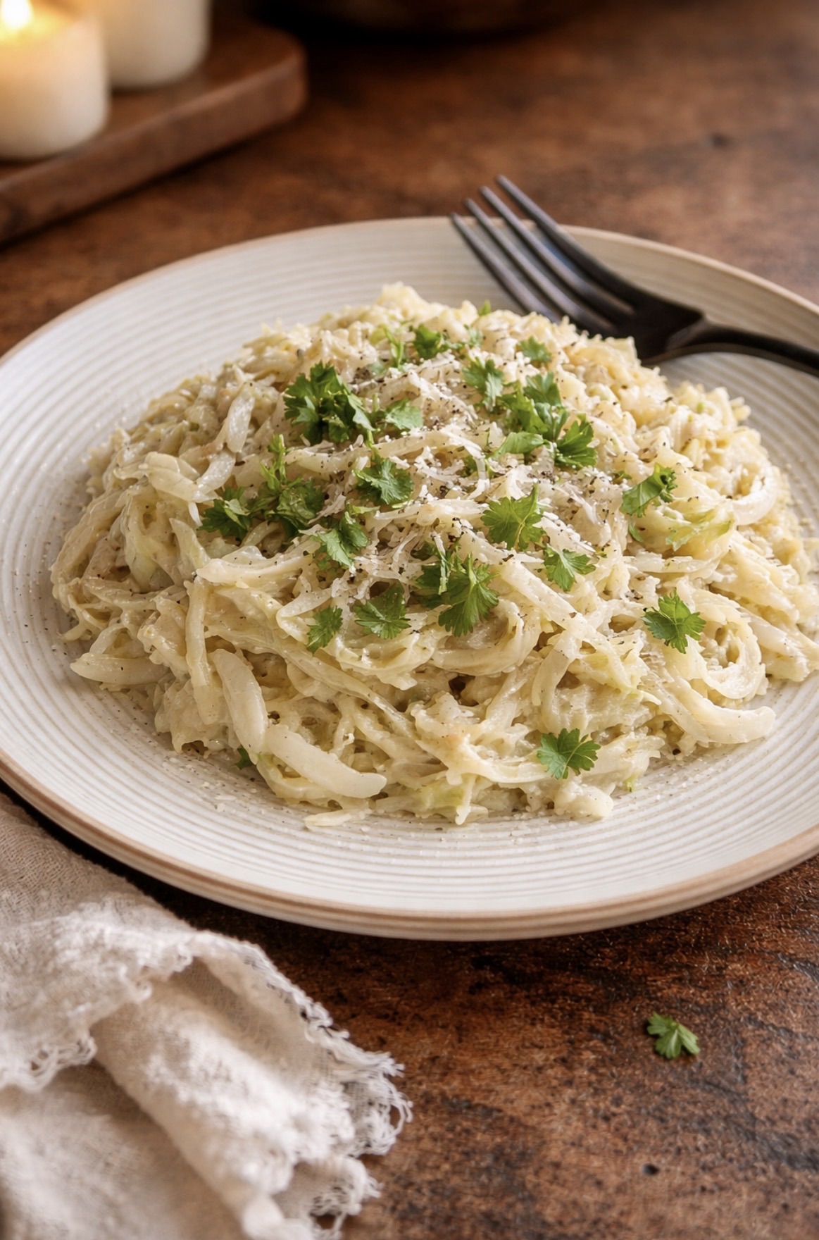 cabbage alfredo recipe creamy low-carb pasta alternative with parmesan sauce in a skillet