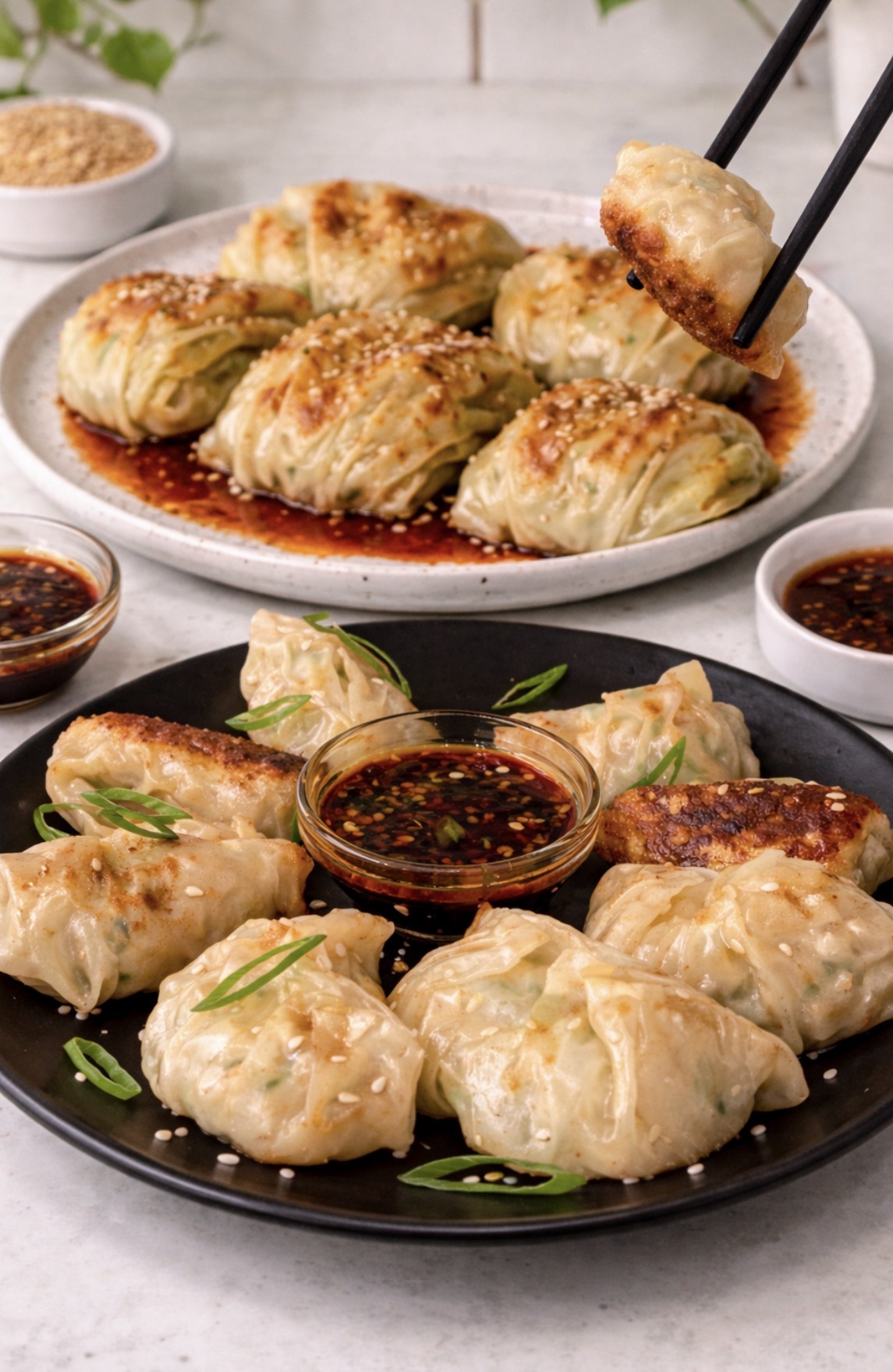 cabbage dumplings recipe with dipping sauce and chopsticks