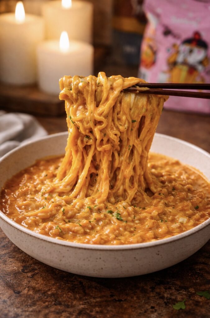 Carbonara buldak ramen recipe in a white bowl topped with crispy bacon, green onions, and sesame seeds - creamy Samyang Korean-Italian fusion noodle dish