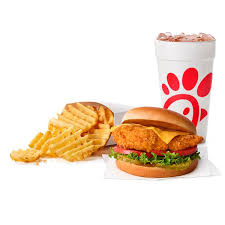 Chick-fil-A classic chicken sandwich with waffle fries and a fountain drink