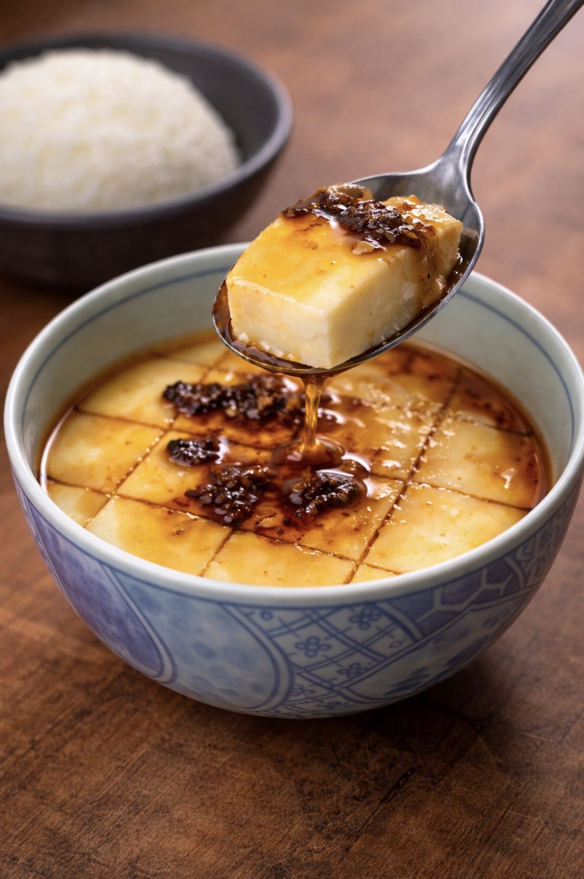 Chinese steamed egg in a blue and white bowl – silky steamed egg recipe