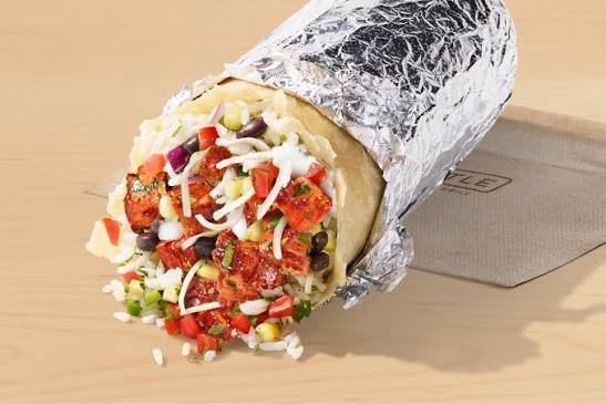 Chipotle burrito, which holds less food than a bowl with the same fillings
