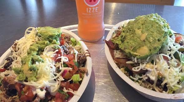 chipotle hacks – two loaded chipotle bowls showing portion tips