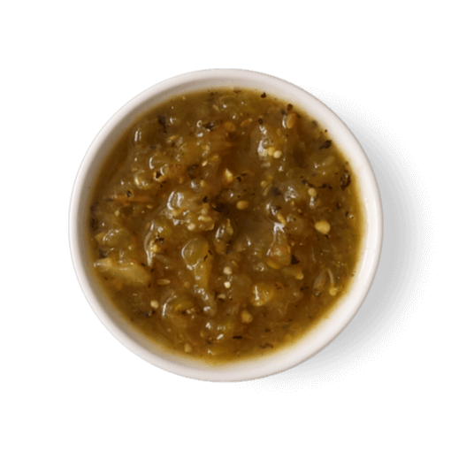 Chipotle tomatillo green-chili salsa, the tangy medium-heat option