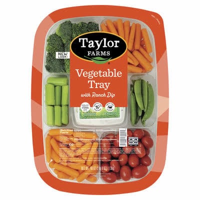 Taylor Farms vegetable tray with ranch dip from Costco including broccoli, carrots, and bell peppers