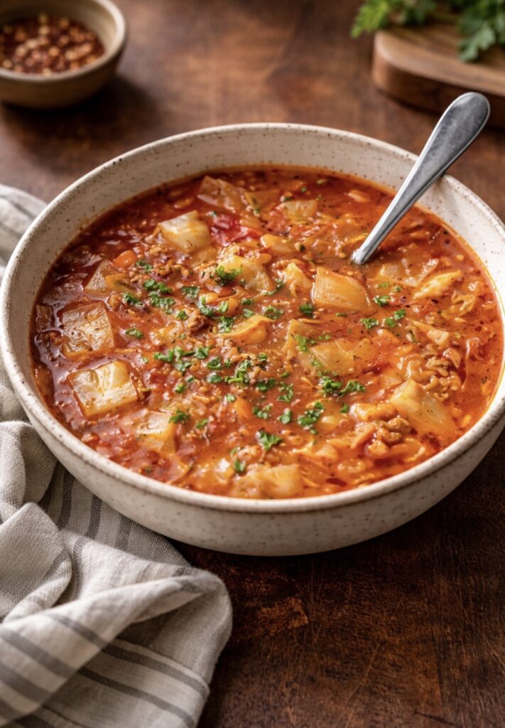 one-pot golumpki soup with ground beef cabbage rice and tomato broth easy stuffed cabbage soup
