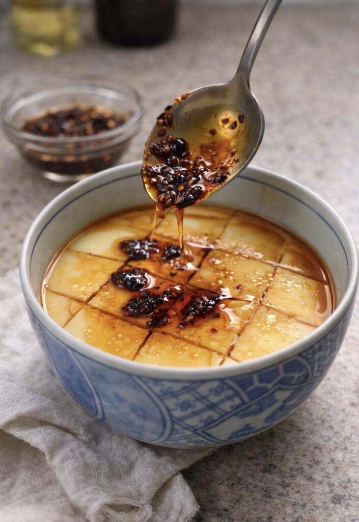 Chinese steamed egg drizzled with soy sauce and sesame oil – silky steamed egg recipe
