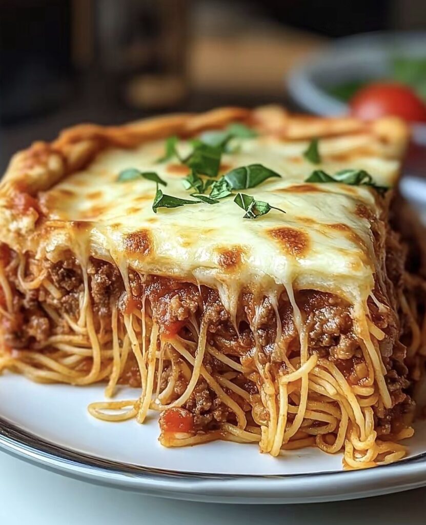 Leftover spaghetti pie recipe baked in a cast iron skillet