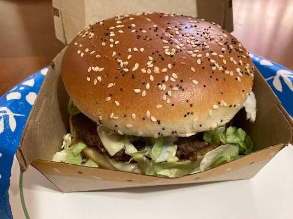 McDonald's Big Arch burger in its box with sesame and poppy seed bun, served at McDonald's