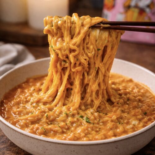Samyang carbonara buldak ramen noodles lifted from bowl showing creamy spicy sauce - easy Korean-Italian fusion instant ramen recipe ready in 10 minutes