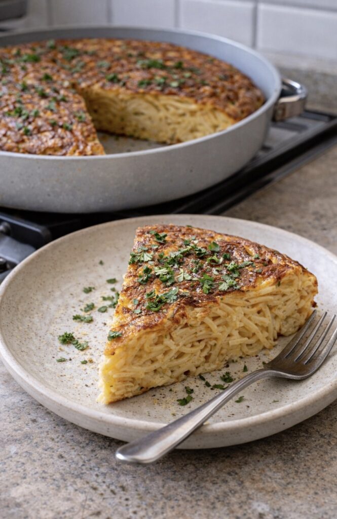 spaghetti frittata recipe golden and crispy in a pan