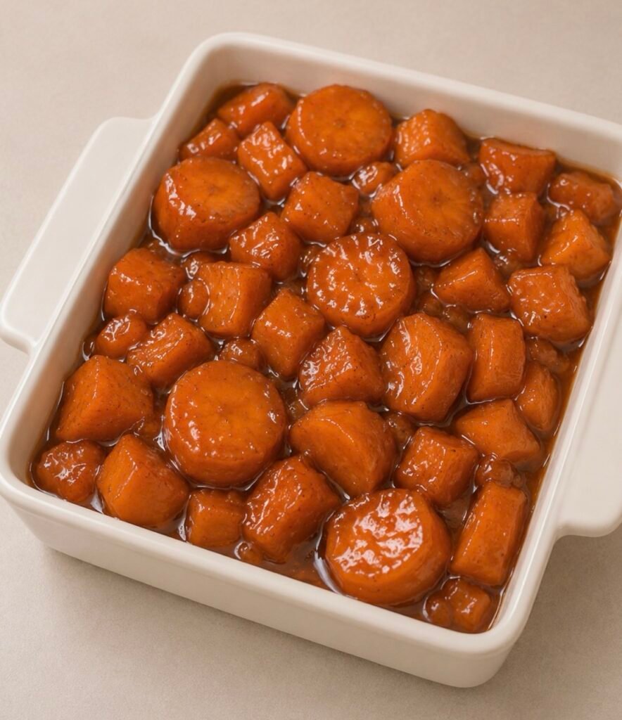 Candied carrots glazed in butter and brown sugar sauce in a skillet