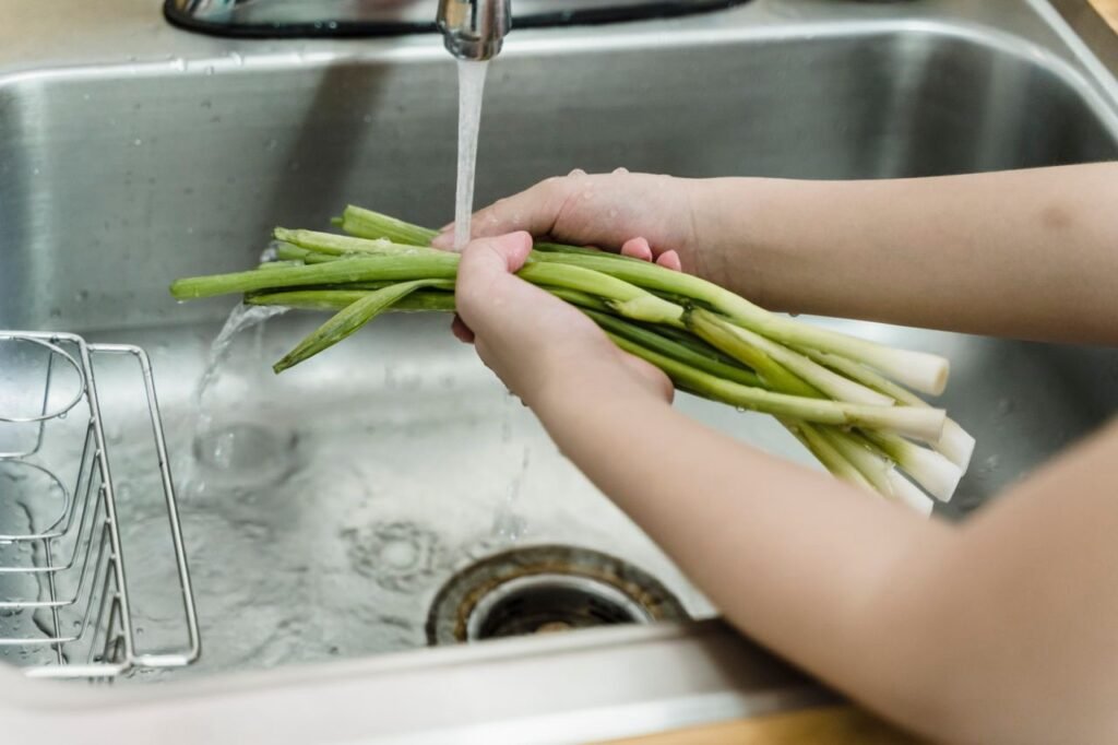 Photo of produce being washed as part of safe food-handling habits