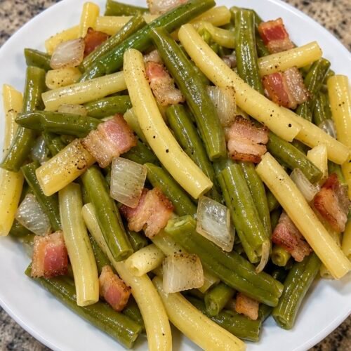 Southern-style green beans with bacon in a serving bowl