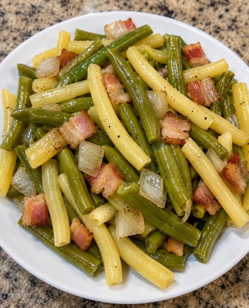 Southern-style green beans with bacon in a serving bowl