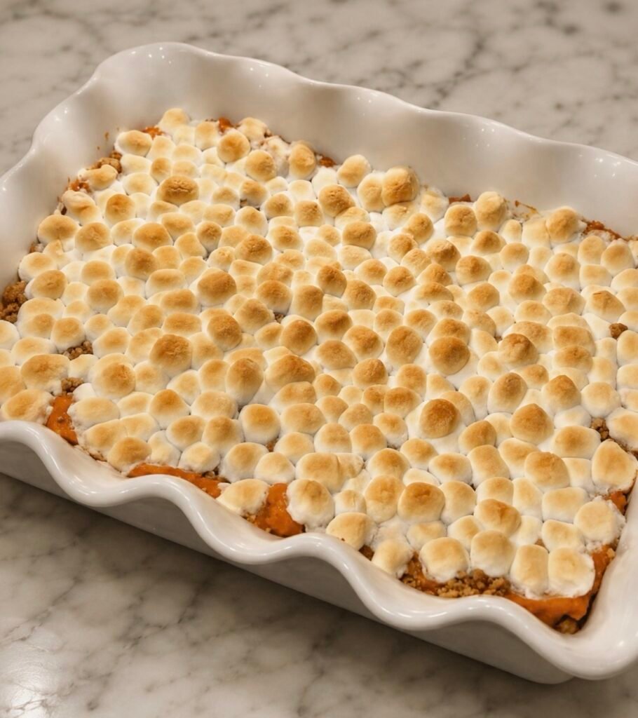 Sweet potato casserole topped with toasted marshmallows in a baking dish