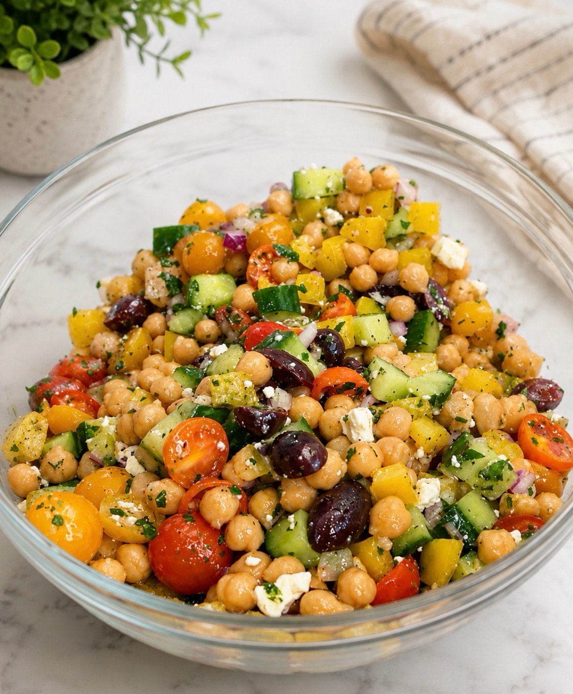 Greek chickpea bean salad with cucumber, tomato, red onion, kalamata olives, and feta