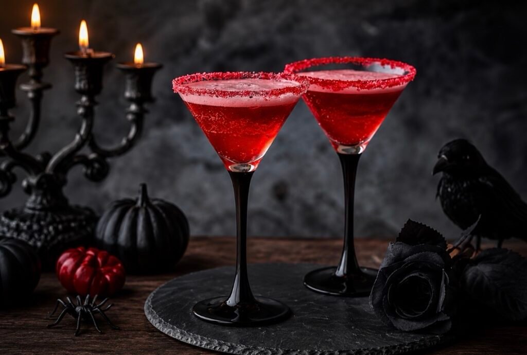 Vampire's Kiss Martini topped with champagne and floating fresh cranberries