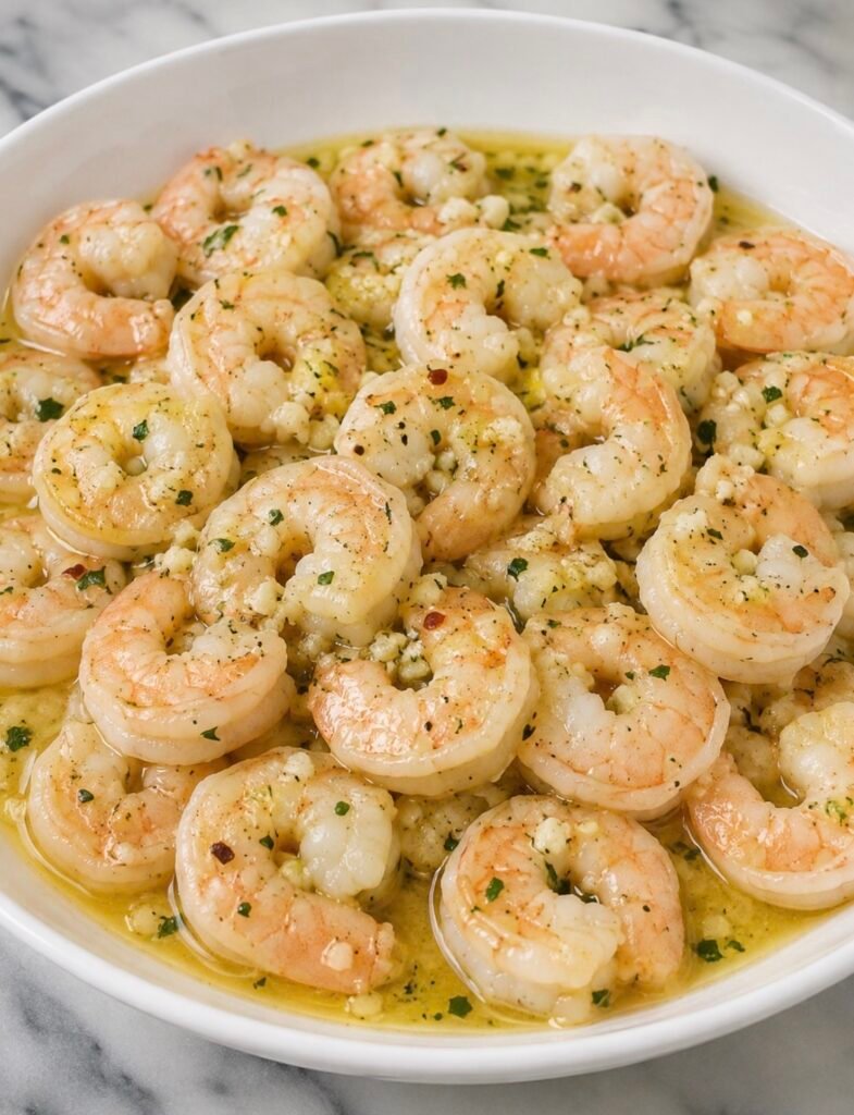 Chilled lemon garlic marinated shrimp served on a plate as an appetizer