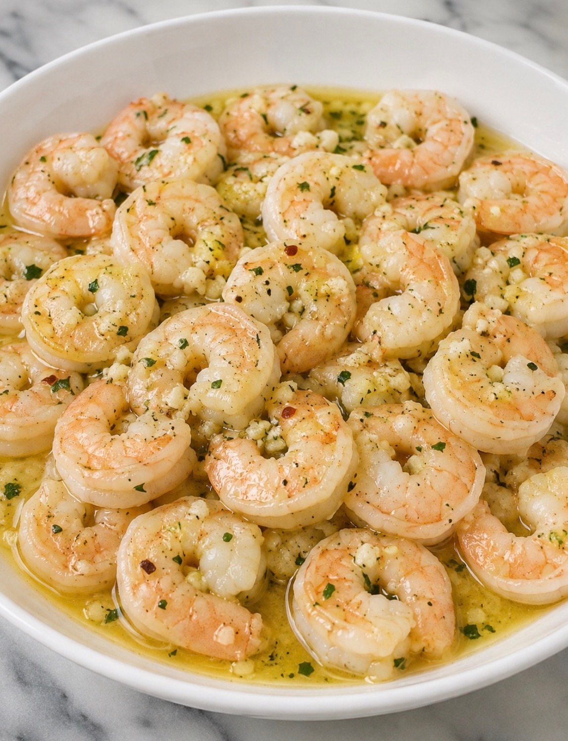 Chilled lemon garlic marinated shrimp served on a plate as an appetizer