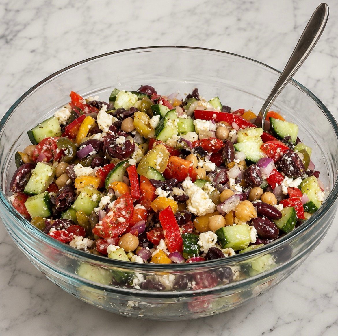 Mediterranean dense bean salad with cannellini beans, chickpeas, cucumber, tomato, kalamata olives, and feta in a lemon-oregano dressing