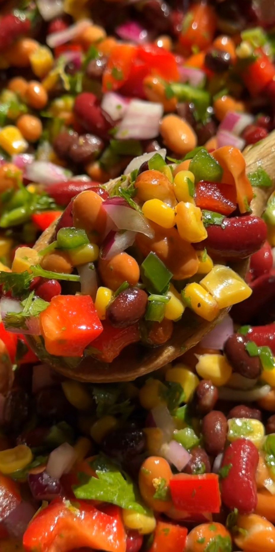 Mexican bean salad with pinto, black, and kidney beans, corn, bell pepper, and tomato in a cilantro-lime dressing