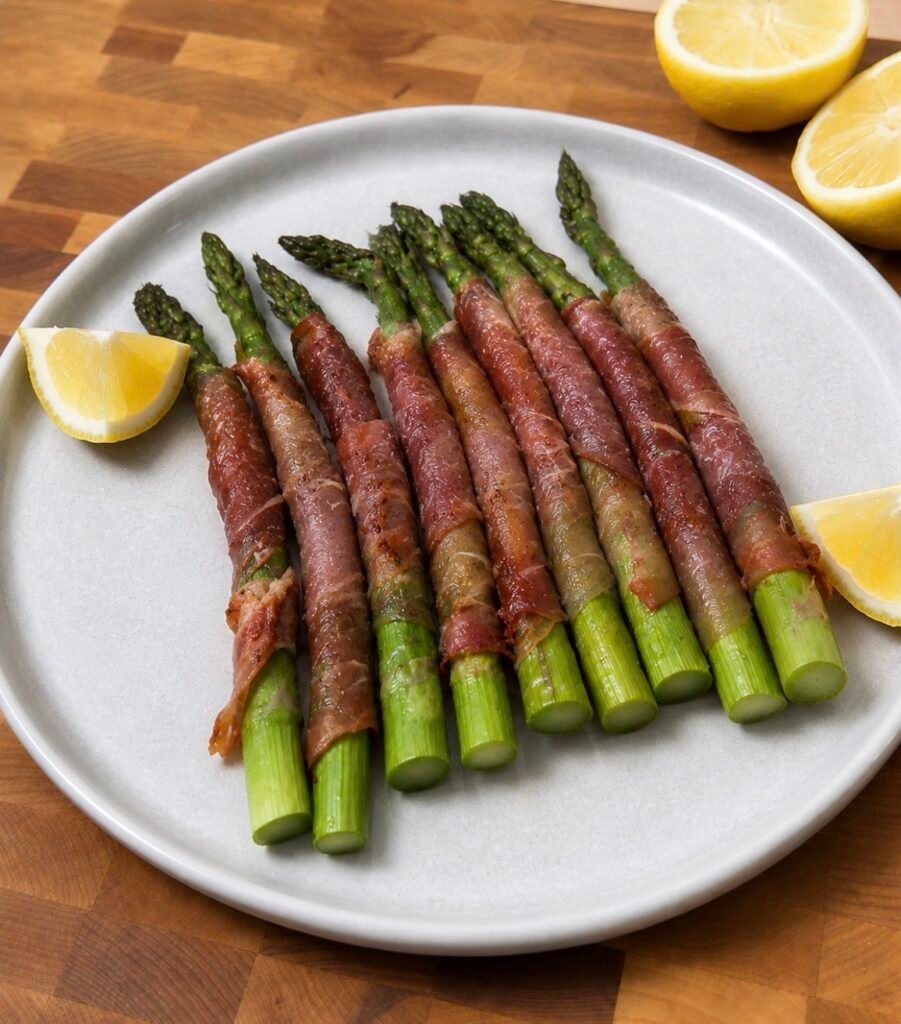 Roasted asparagus spears wrapped in crispy prosciutto on a baking sheet
