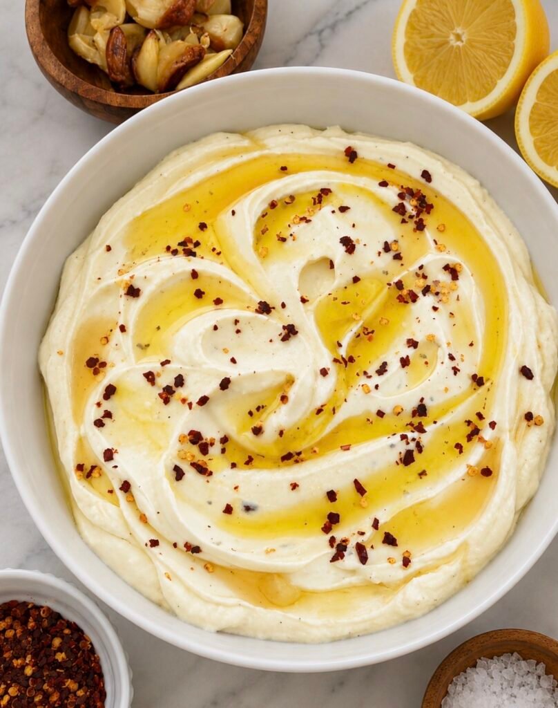 Whipped feta dip swirled on a plate and drizzled with hot honey