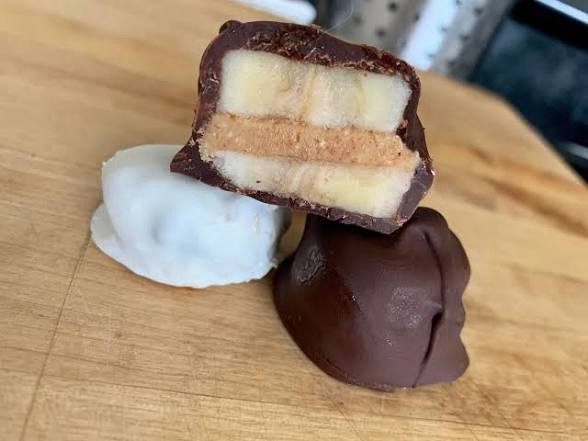 Frozen peanut butter banana bites dipped in chocolate