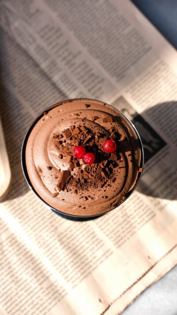 Dark chocolate cottage cheese mousse in a bowl
