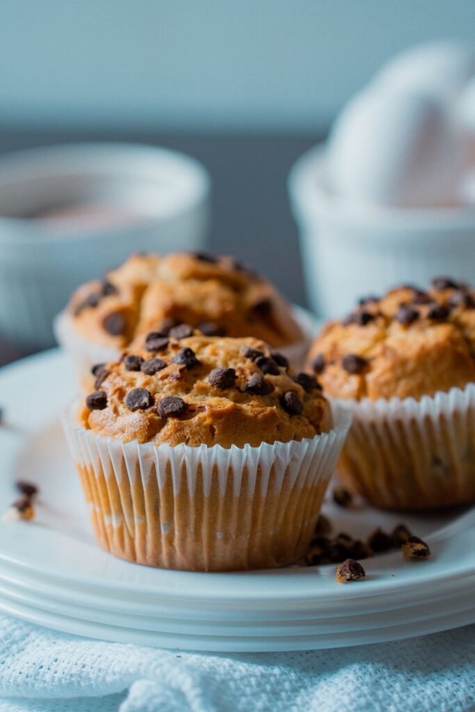 Baked banana oat muffins with dark chocolate chips